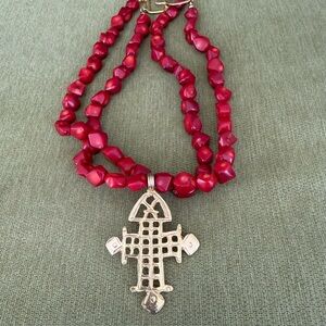 Frances Valentine Red Beaded Necklace with Silver Cross Pendant
